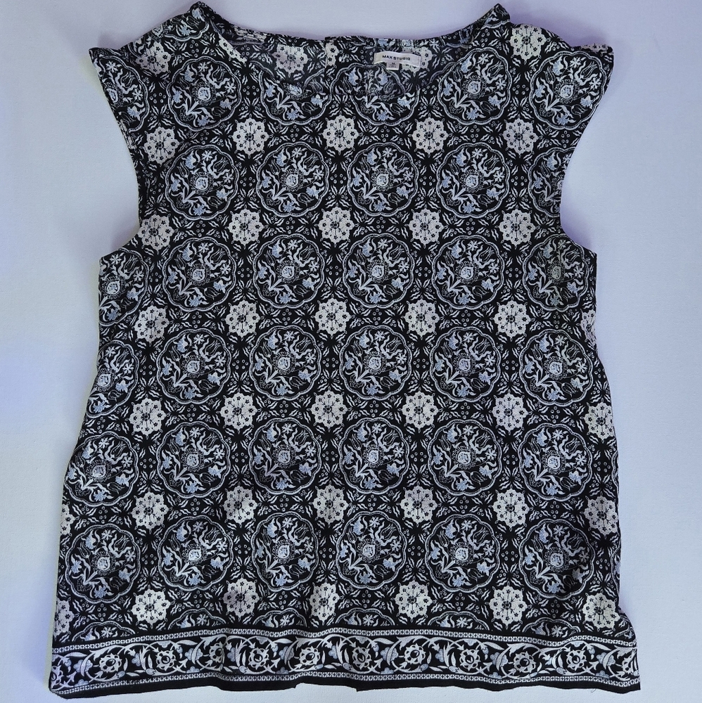 Max Studio Blouse Black Blue Multi Top Cap Sleeves Cute Buttons Back Medium